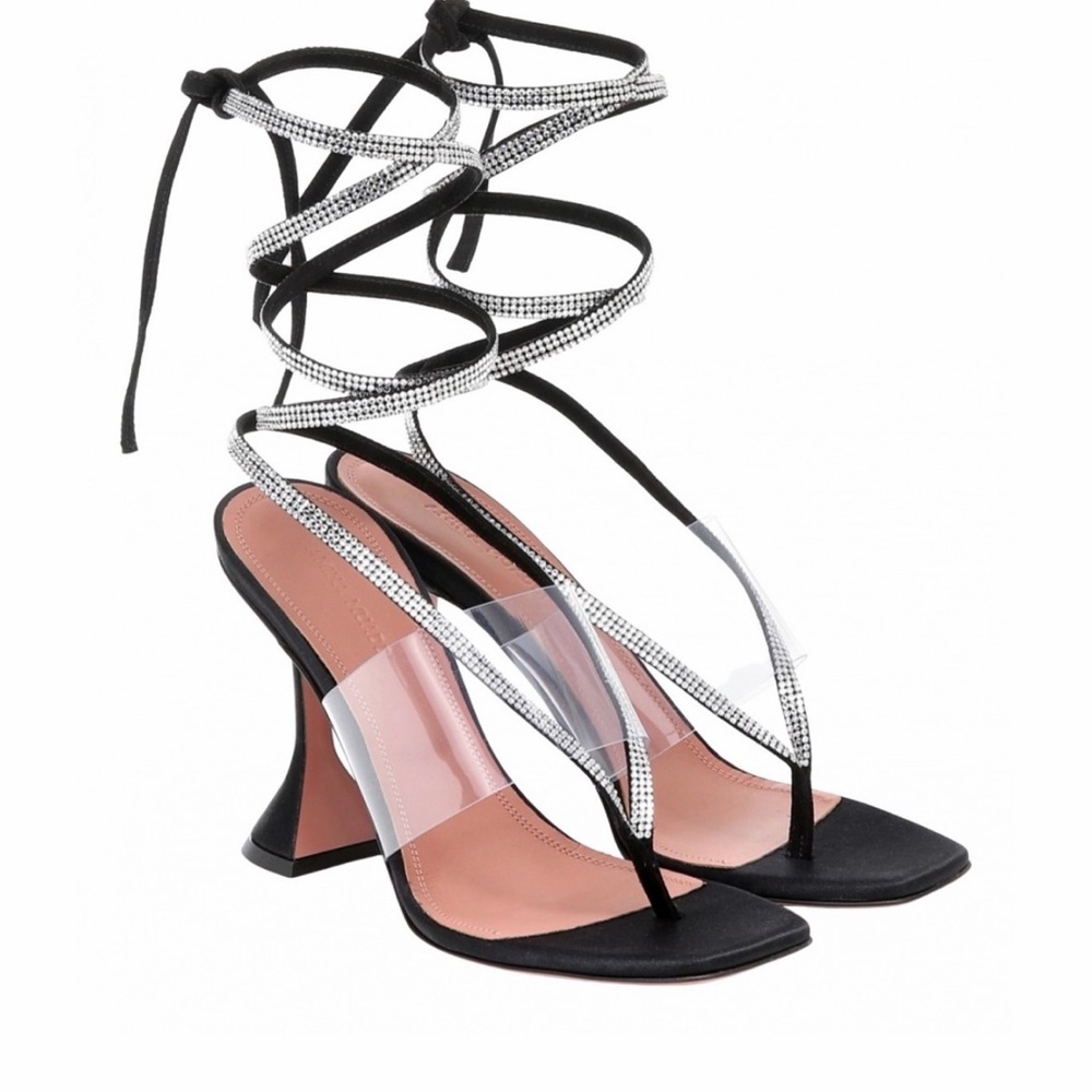 Amina Muaddi Black and Clear Strappy Heels